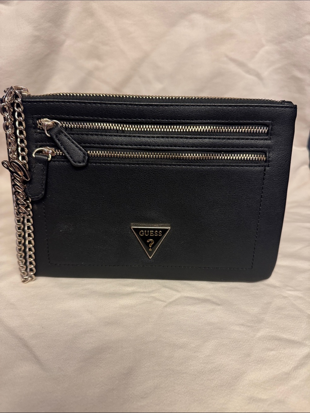 Guess Black Faux-Leather Chain Wristlet Clutch with Silver Hardware